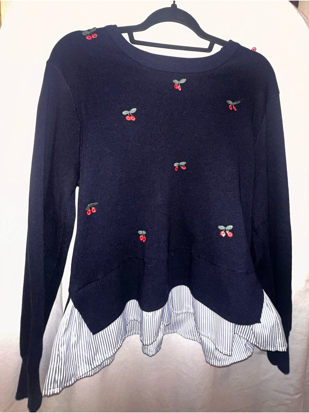 Nanette Lepore Cherry Embroidered Sweater Size Large Navy Scalloped Striped Hem